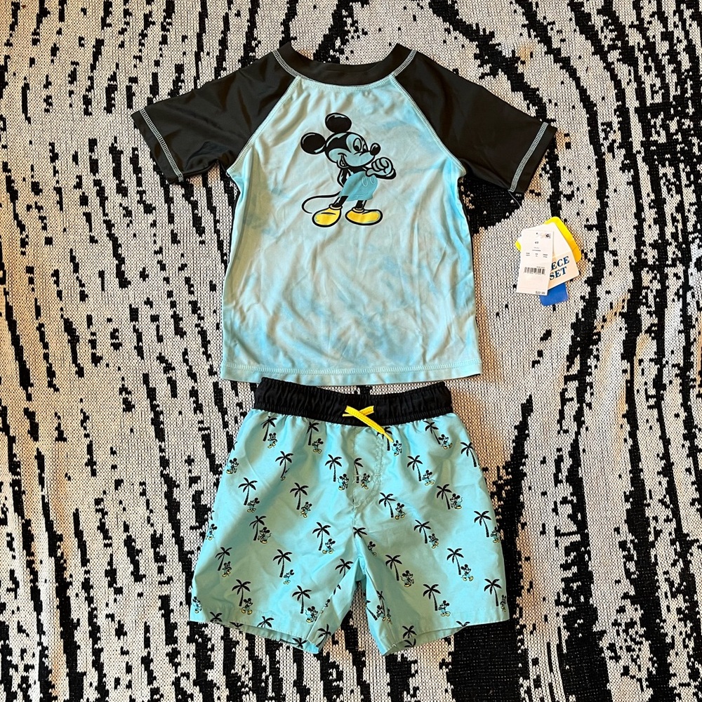NWT Set Rashguard / Swim Trunks Suit Tie Dye Mickey Mouse Disney Boys 4T